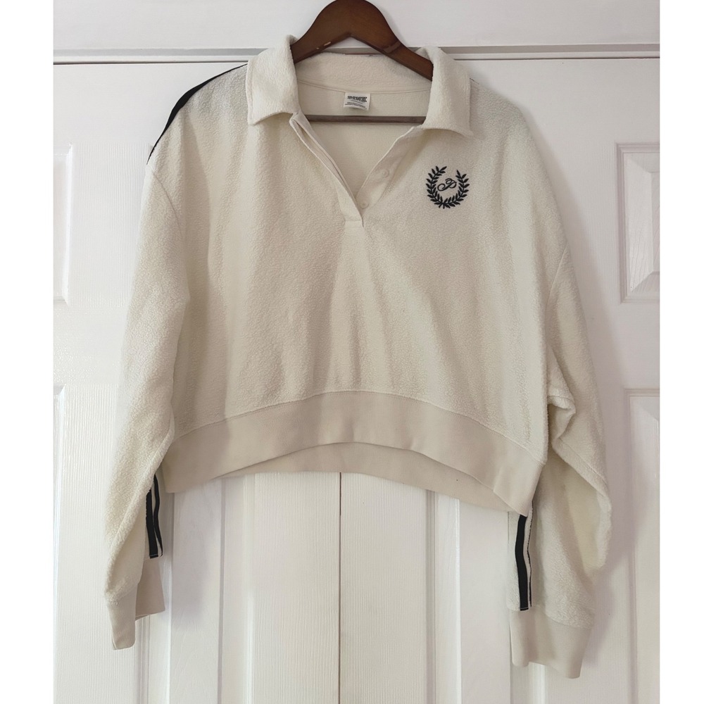 Victoria's Secret PINK‎ Cropped Polo Sweatshirt Cream Fleece Stripe Large